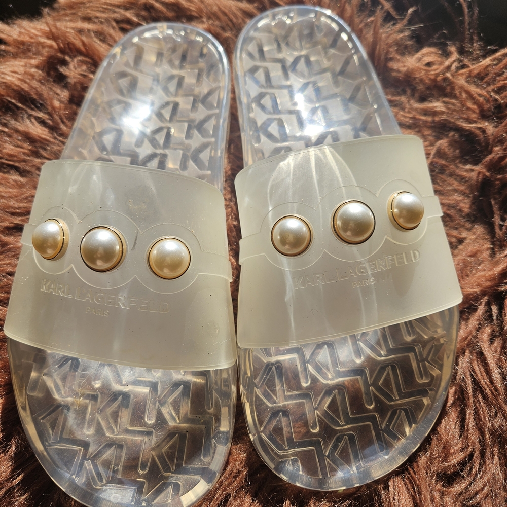 Karl Lagerfeld Clear Slide Sandals with Pearl Accents.